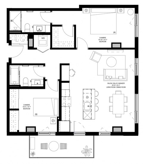 Floor plan for 2 beds, 2 baths, 1037 sqft
